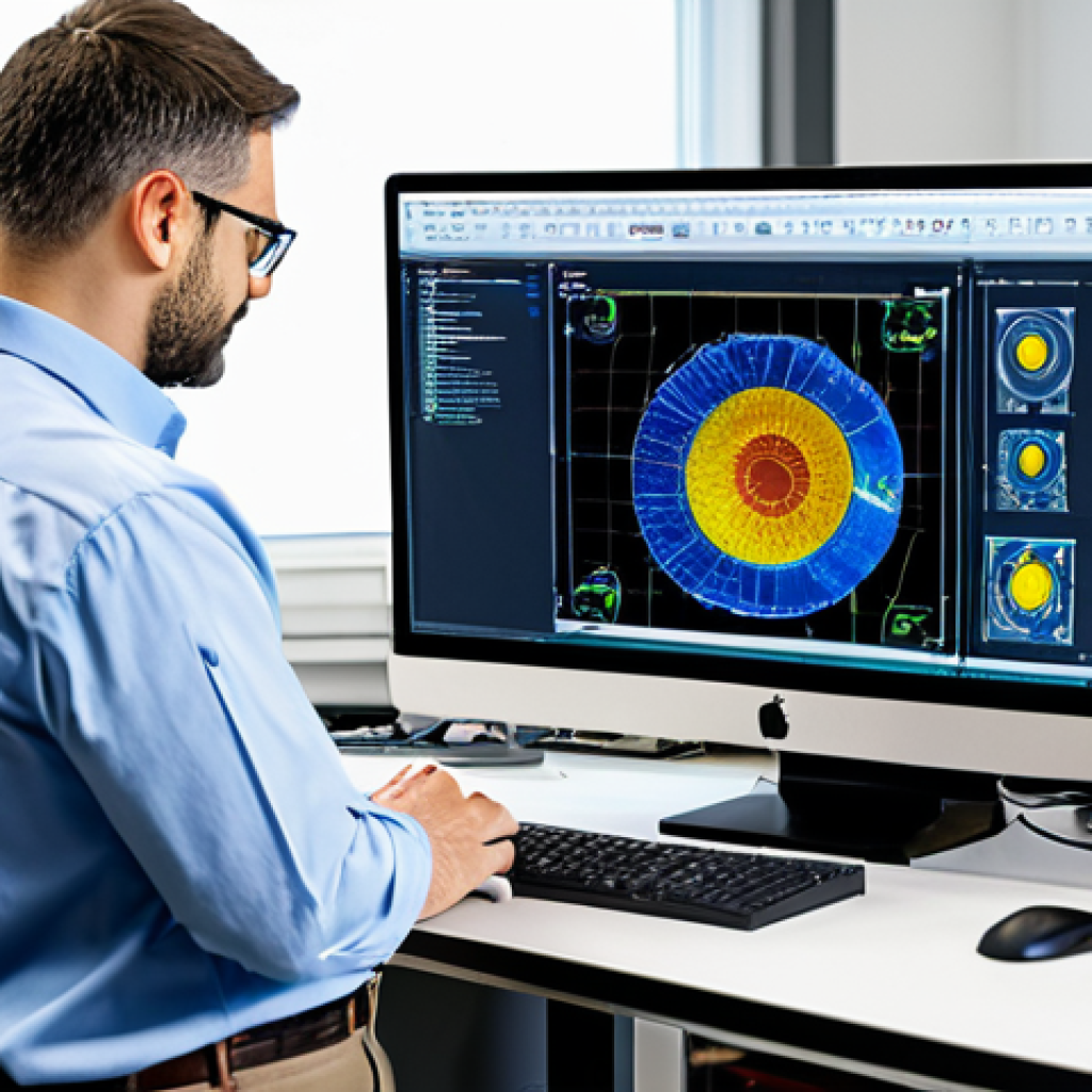 A highly skilled, professional adult male mold design engineer, wearing a modest business casual shirt and professional trousers, standing in a brightly lit, modern engineering office. He is looking intently at a large computer screen displaying a complex 3D CAD model of a plastic injection mold, with detailed flow analysis overlays. On his desk, there are technical drawings and a small, intricate physical mold component, suggesting hands-on expertise. The background shows blurred modern office equipment and another monitor with technical data, emphasizing a technologically advanced environment. The scene emphasizes precision, expertise, and the integration of digital tools in mold design. safe for work, appropriate content, fully clothed, professional dress, perfect anatomy, correct proportions, natural pose, well-formed hands, proper finger count, natural body proportions, professional photography, high quality.