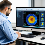 A highly skilled, professional adult male mold design engineer, wearing a modest business casual shirt and professional trousers, standing in a brightly lit, modern engineering office. He is looking intently at a large computer screen displaying a complex 3D CAD model of a plastic injection mold, with detailed flow analysis overlays. On his desk, there are technical drawings and a small, intricate physical mold component, suggesting hands-on expertise. The background shows blurred modern office equipment and another monitor with technical data, emphasizing a technologically advanced environment. The scene emphasizes precision, expertise, and the integration of digital tools in mold design. safe for work, appropriate content, fully clothed, professional dress, perfect anatomy, correct proportions, natural pose, well-formed hands, proper finger count, natural body proportions, professional photography, high quality.