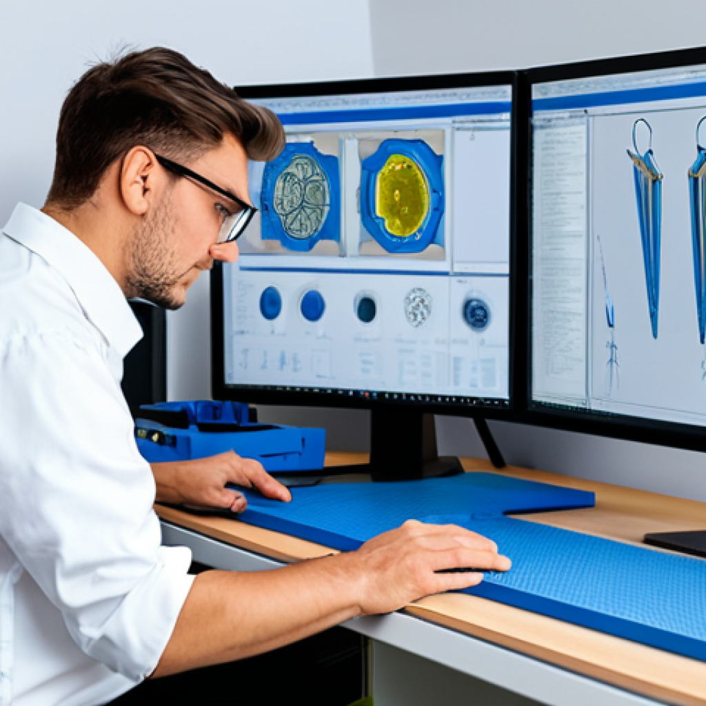 **

A CAD technician in a modern, brightly lit design studio, fully clothed in appropriate work attire (e.g., collared shirt, khakis), meticulously working on a complex 3D model of an injection mold on a large monitor. The studio features organized workstations with various tools and reference materials.  Focus on the screen showing detailed mold geometry. Perfect anatomy, natural proportions, well-formed hands. Safe for work, appropriate content, professional, modest.

**