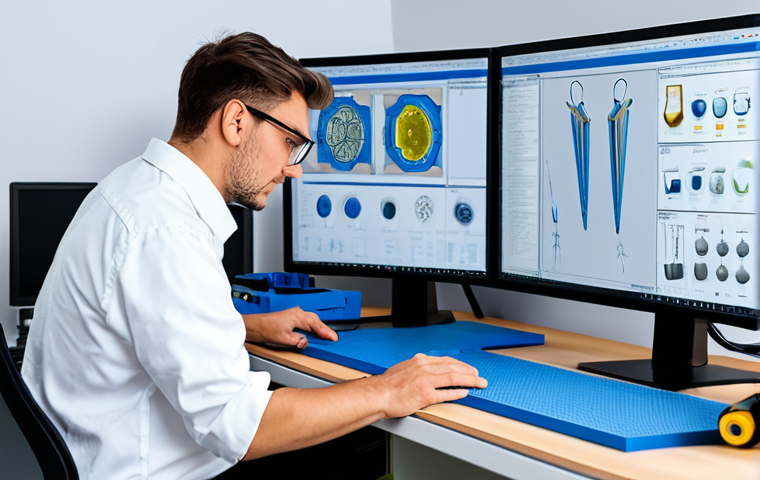 **

A CAD technician in a modern, brightly lit design studio, fully clothed in appropriate work attire (e.g., collared shirt, khakis), meticulously working on a complex 3D model of an injection mold on a large monitor. The studio features organized workstations with various tools and reference materials.  Focus on the screen showing detailed mold geometry. Perfect anatomy, natural proportions, well-formed hands. Safe for work, appropriate content, professional, modest.

**