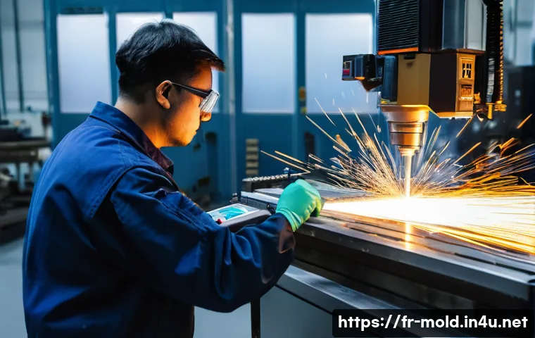 금형설계기능사와 금형산업기사 차이점 - A detailed, realistic workshop scene showing a skilled mold fabrication technician operating a CNC m...