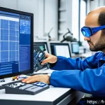 금형설계기능사 온라인 강의 추천 - A modern industrial workshop scene showing a skilled engineer wearing safety glasses and a blue work...