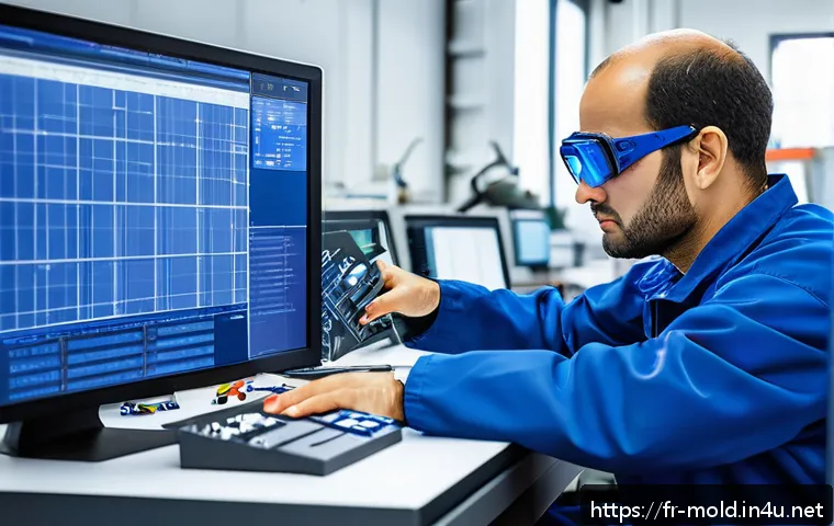 금형설계기능사 온라인 강의 추천 - A modern industrial workshop scene showing a skilled engineer wearing safety glasses and a blue work...