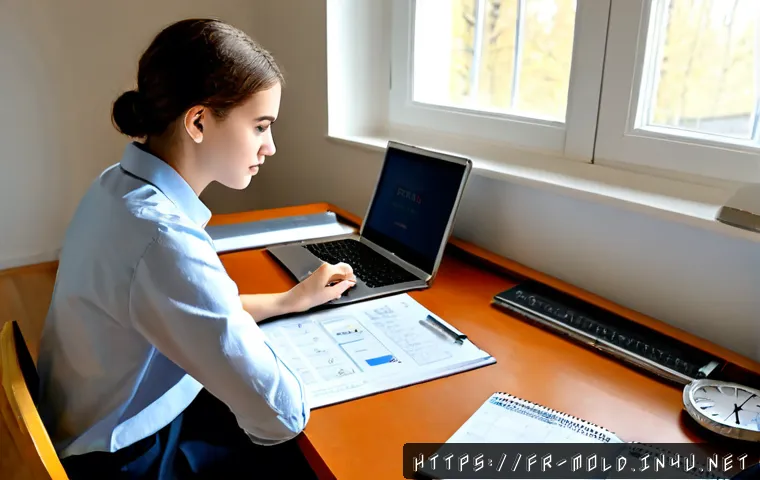 금형설계기능사 준비생의 시간 관리 전략 - Photorealistic French vocational student preparing for a mold design certification exam, seated at a...